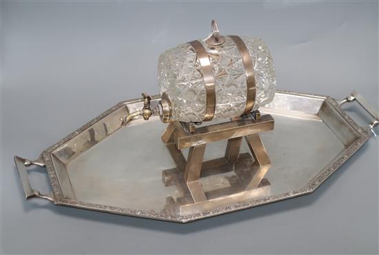 An Asprey & Co George V cut glass spirit barrel with silver mounts and base, Birmingham 1925, together with